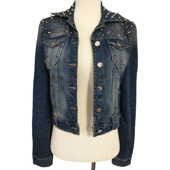 Y2K Lolita Fitted Jean Denim Jacket S Western Metal Biker Punk Grunge Stretch - Picture 2 of 16